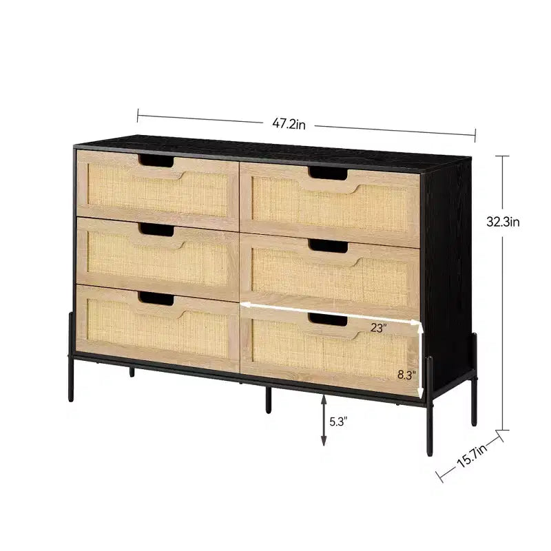 Commode de ferme de 119 cm, commode à 6 tiroirs en rotin avec pieds en métal, commode en bois moderne, grande commode large pour chambre à coucher, salon