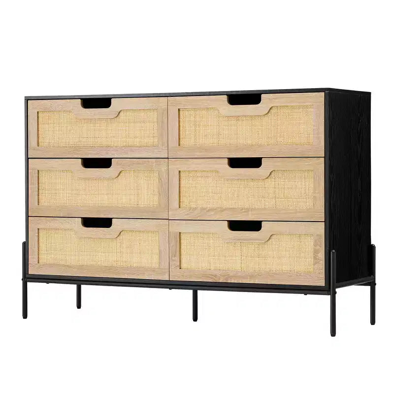 Commode de ferme de 119 cm, commode à 6 tiroirs en rotin avec pieds en métal, commode en bois moderne, grande commode large pour chambre à coucher, salon