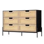 Commode de ferme de 119 cm, commode à 6 tiroirs en rotin avec pieds en métal, commode en bois moderne, grande commode large pour chambre à coucher, salon