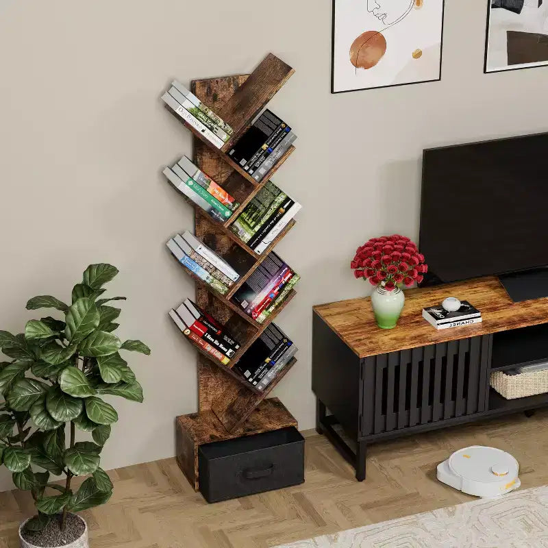 Bibliothèque Arbre à 9 niveaux, Étagère étroite et haute avec tiroir de rangement, Organisateur de livres, CD, pour Chambre, Salon, Bureau à domicile
