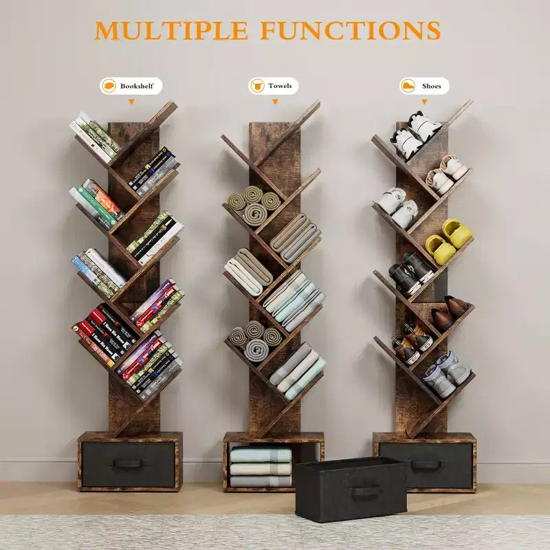 Bibliothèque Arbre à 9 niveaux, Étagère étroite et haute avec tiroir de rangement, Organisateur de livres, CD, pour Chambre, Salon, Bureau à domicile