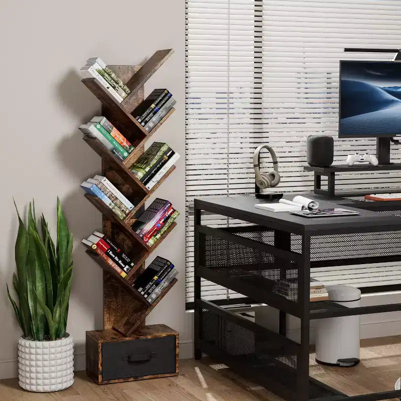 Bibliothèque Arbre à 9 niveaux, Étagère étroite et haute avec tiroir de rangement, Organisateur de livres, CD, pour Chambre, Salon, Bureau à domicile