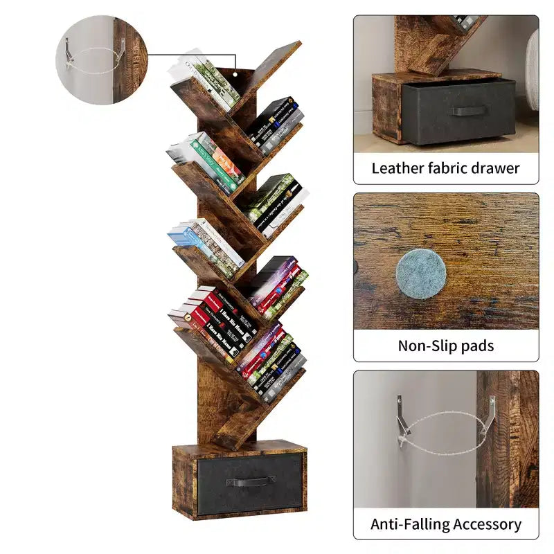 Bibliothèque Arbre à 9 niveaux, Étagère étroite et haute avec tiroir de rangement, Organisateur de livres, CD, pour Chambre, Salon, Bureau à domicile