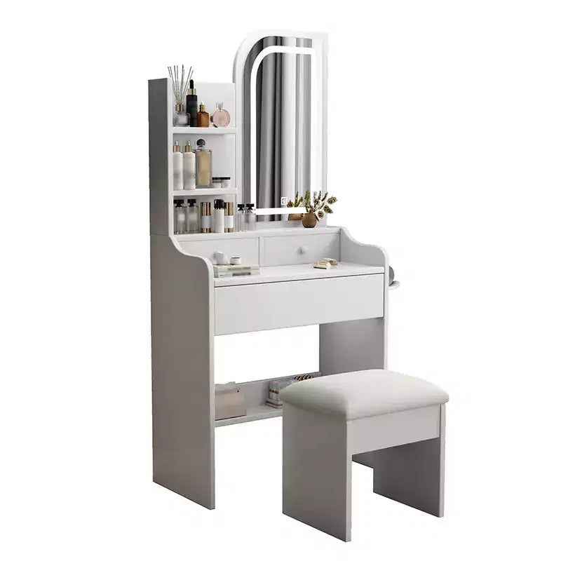 Coiffeuse avec miroir et lumière, Table de maquillage avec support pour sèche-cheveux, Coiffeuse avec chaise et 3 tiroirs