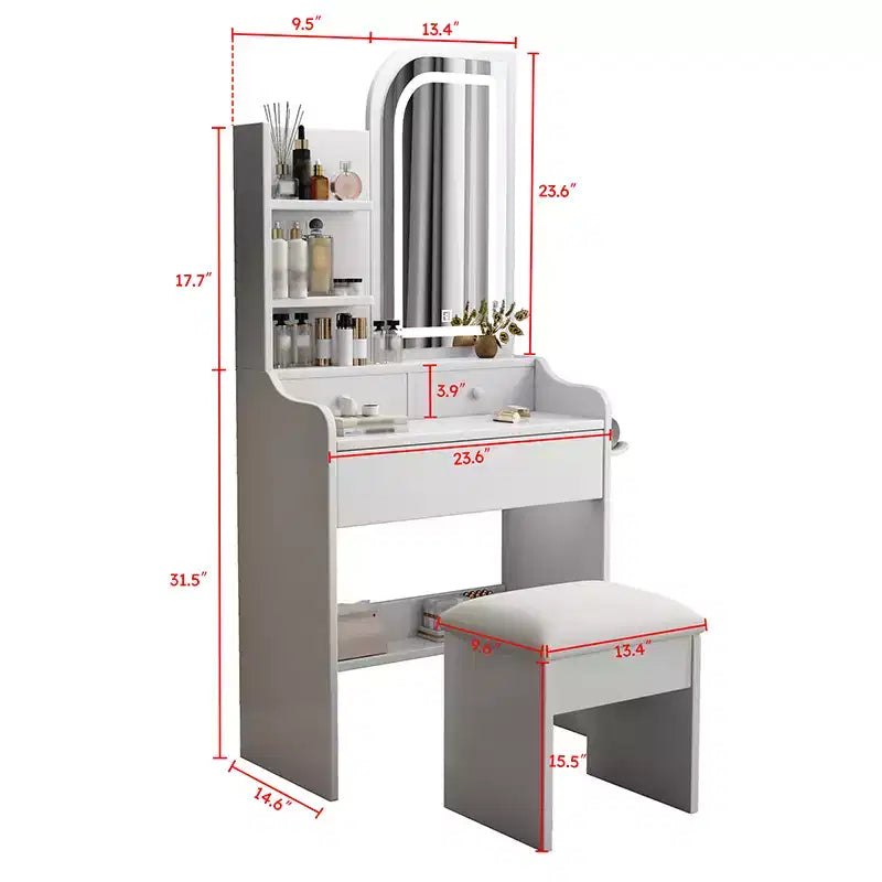 Coiffeuse avec miroir et lumière, Table de maquillage avec support pour sèche-cheveux, Coiffeuse avec chaise et 3 tiroirs