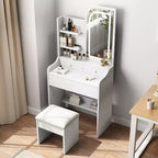 Coiffeuse avec miroir et lumière, Table de maquillage avec support pour sèche-cheveux, Coiffeuse avec chaise et 3 tiroirs