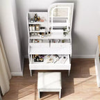 Coiffeuse avec miroir et lumière, Table de maquillage avec support pour sèche-cheveux, Coiffeuse avec chaise et 3 tiroirs