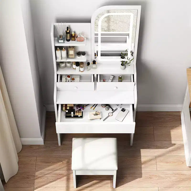 Coiffeuse avec miroir et lumière, Table de maquillage avec support pour sèche-cheveux, Coiffeuse avec chaise et 3 tiroirs