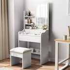Coiffeuse avec miroir et lumière, Table de maquillage avec support pour sèche-cheveux, Coiffeuse avec chaise et 3 tiroirs