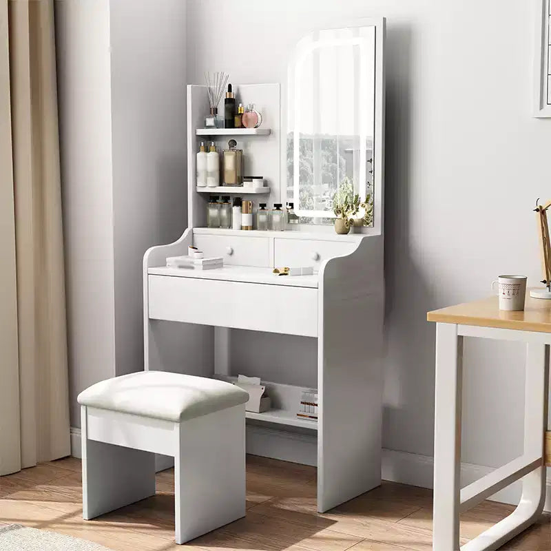 Coiffeuse avec miroir et lumière, Table de maquillage avec support pour sèche-cheveux, Coiffeuse avec chaise et 3 tiroirs