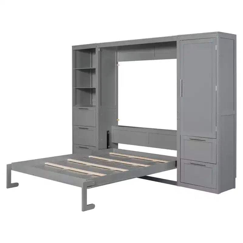 Lit escamotable Queen size avec 2 placards latéraux, tiroirs et étagères, lit mural pliant pour chambre d'amis, chambre à coucher, bureau.