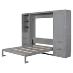 Lit escamotable Queen size avec 2 placards latéraux, tiroirs et étagères, lit mural pliant pour chambre d'amis, chambre à coucher, bureau.