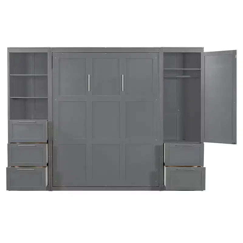 Lit escamotable Queen size avec 2 placards latéraux, tiroirs et étagères, lit mural pliant pour chambre d'amis, chambre à coucher, bureau.