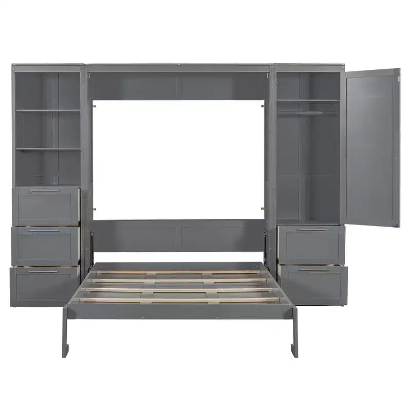 Lit escamotable Queen size avec 2 placards latéraux, tiroirs et étagères, lit mural pliant pour chambre d'amis, chambre à coucher, bureau.