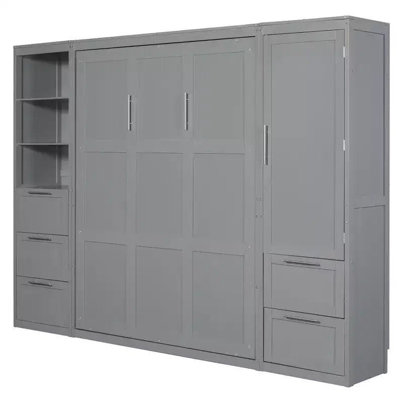 Lit escamotable Queen size avec 2 placards latéraux, tiroirs et étagères, lit mural pliant pour chambre d'amis, chambre à coucher, bureau.