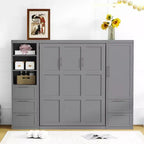 Lit escamotable Queen size avec 2 placards latéraux, tiroirs et étagères, lit mural pliant pour chambre d'amis, chambre à coucher, bureau.