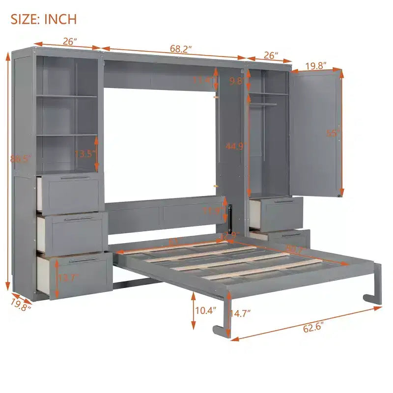 Lit escamotable Queen size avec 2 placards latéraux, tiroirs et étagères, lit mural pliant pour chambre d'amis, chambre à coucher, bureau.
