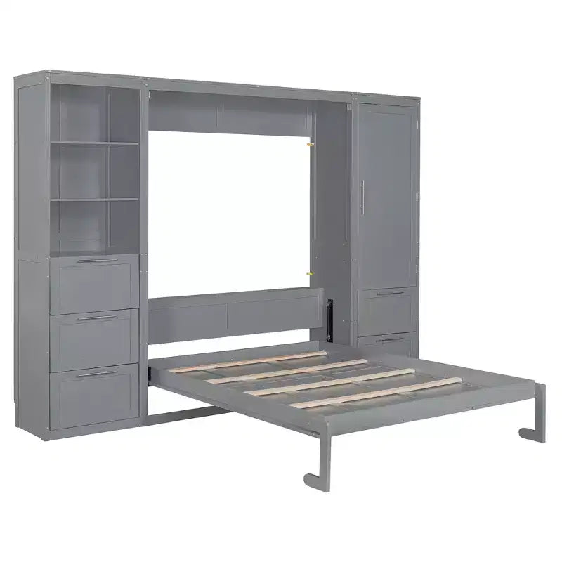 Lit escamotable Queen size avec 2 placards latéraux, tiroirs et étagères, lit mural pliant pour chambre d'amis, chambre à coucher, bureau.