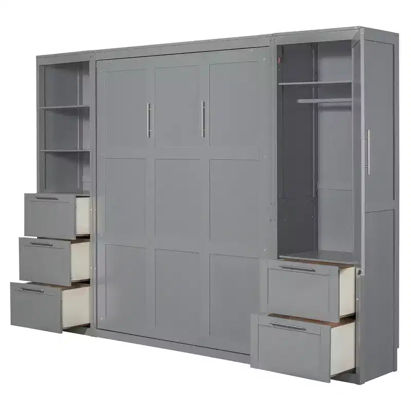 Lit escamotable Queen size avec 2 placards latéraux, tiroirs et étagères, lit mural pliant pour chambre d'amis, chambre à coucher, bureau.