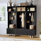 Banc d'entrée 4-en-1 avec rangement à chaussures et porte-manteau, meuble d'entrée de 188 cm avec 4 crochets dorés, armoire et design de ferme pour petits espaces