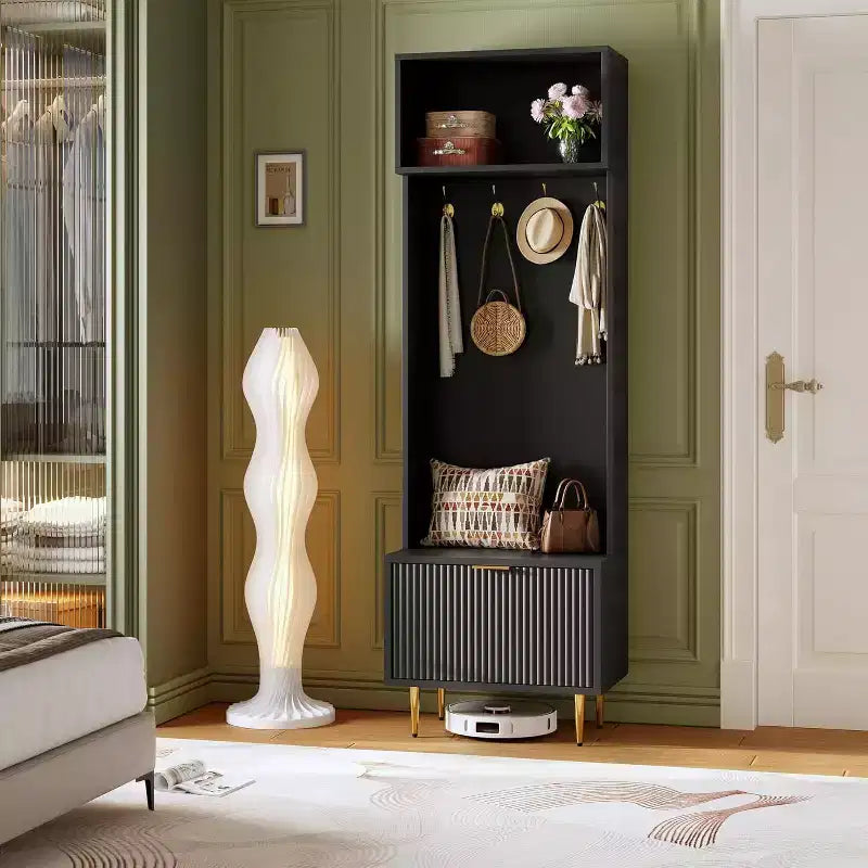 Banc d'entrée 4-en-1 avec rangement à chaussures et porte-manteau, meuble d'entrée de 188 cm avec 4 crochets dorés, armoire et design de ferme pour petits espaces