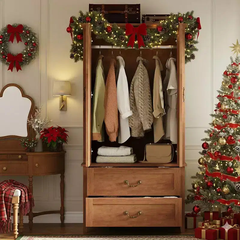 Armoire penderie en V avec 2 portes et 2 tiroirs, 180,5 cm, Armoire de rangement haute en bois de style rustique pour chambre à coucher avec tringle de suspension, Grande capacité