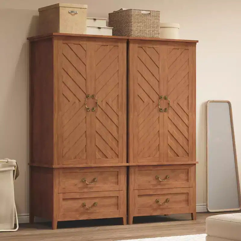 Armoire penderie en V avec 2 portes et 2 tiroirs, 180,5 cm, Armoire de rangement haute en bois de style rustique pour chambre à coucher avec tringle de suspension, Grande capacité