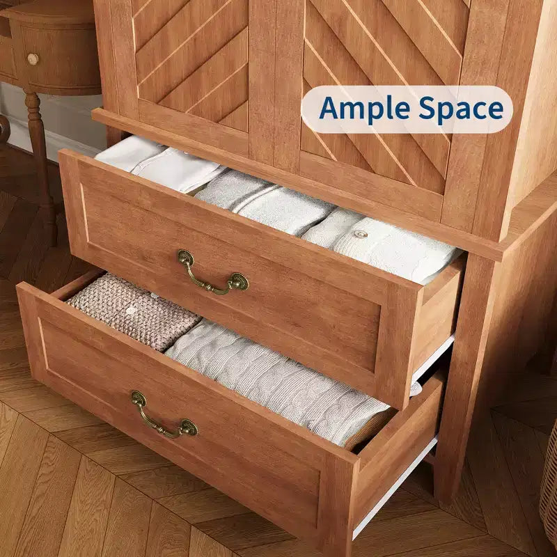 Armoire penderie en V avec 2 portes et 2 tiroirs, 180,5 cm, Armoire de rangement haute en bois de style rustique pour chambre à coucher avec tringle de suspension, Grande capacité