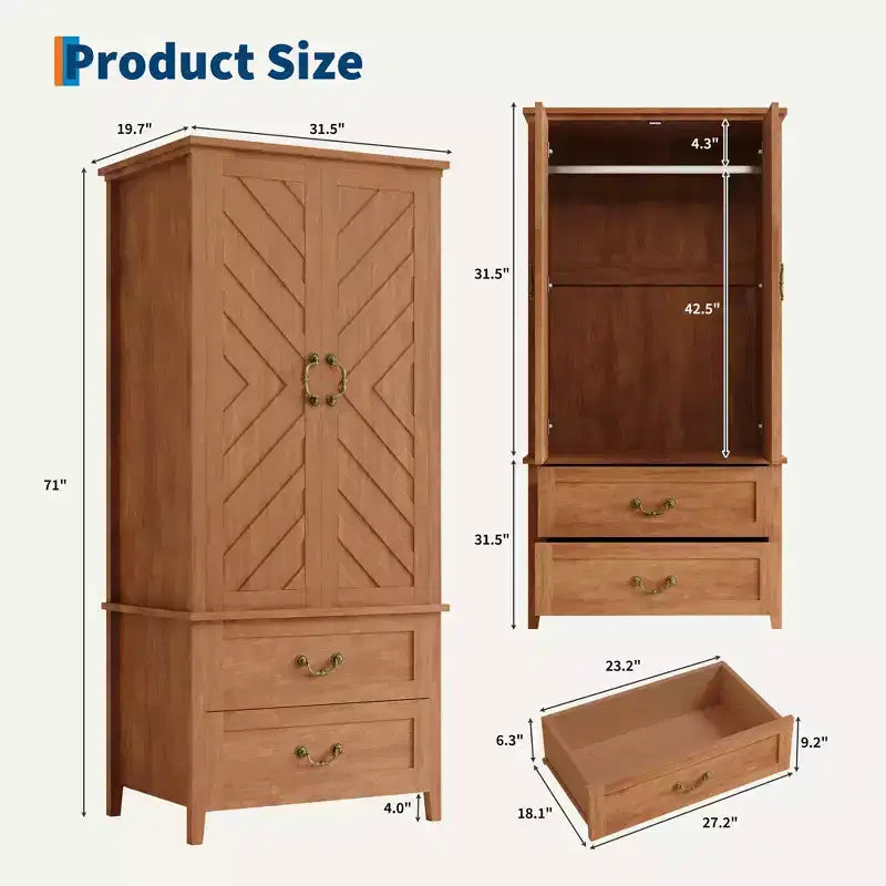 Armoire penderie en V avec 2 portes et 2 tiroirs, 180,5 cm, Armoire de rangement haute en bois de style rustique pour chambre à coucher avec tringle de suspension, Grande capacité