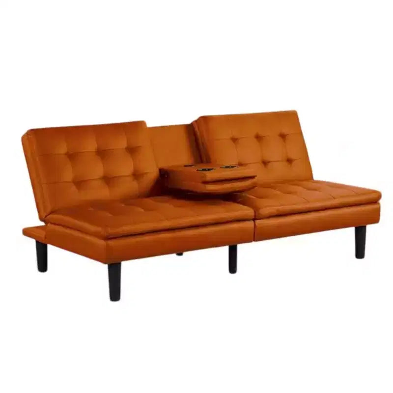 Canapé-lit futon Royal Hampton, plateau rabattable, porte-gobelets, similicuir orange