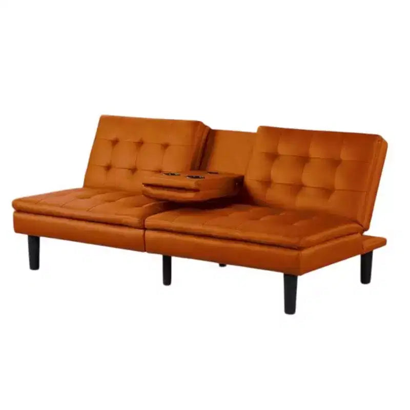 Canapé-lit futon Royal Hampton, plateau rabattable, porte-gobelets, similicuir orange