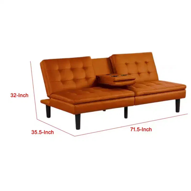Canapé-lit futon Royal Hampton, plateau rabattable, porte-gobelets, similicuir orange
