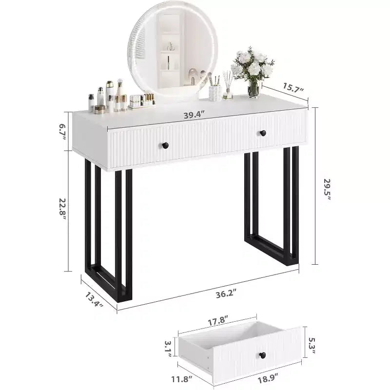 Coiffeuse avec miroir et éclairage, luminosité réglable, table de coiffeuse moderne avec 2 tiroirs pour chambre à coucher, dressing