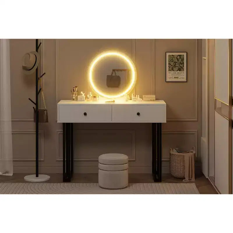 Coiffeuse avec miroir et éclairage, luminosité réglable, table de coiffeuse moderne avec 2 tiroirs pour chambre à coucher, dressing