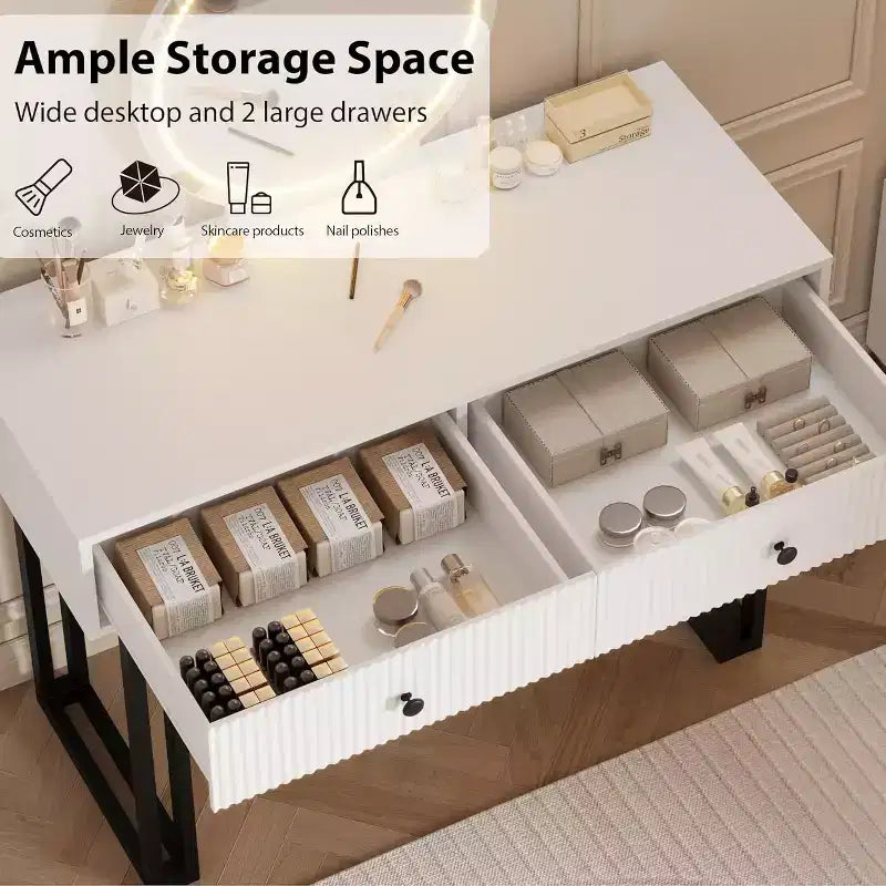 Coiffeuse avec miroir et éclairage, luminosité réglable, table de coiffeuse moderne avec 2 tiroirs pour chambre à coucher, dressing