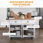 Îlot de cuisine sur roulettes Okak avec plateau en bois d'hévéa, chariot de cuisine avec abattant et tiroirs de rangement, îlot de cuisine pour salle à manger, blanc