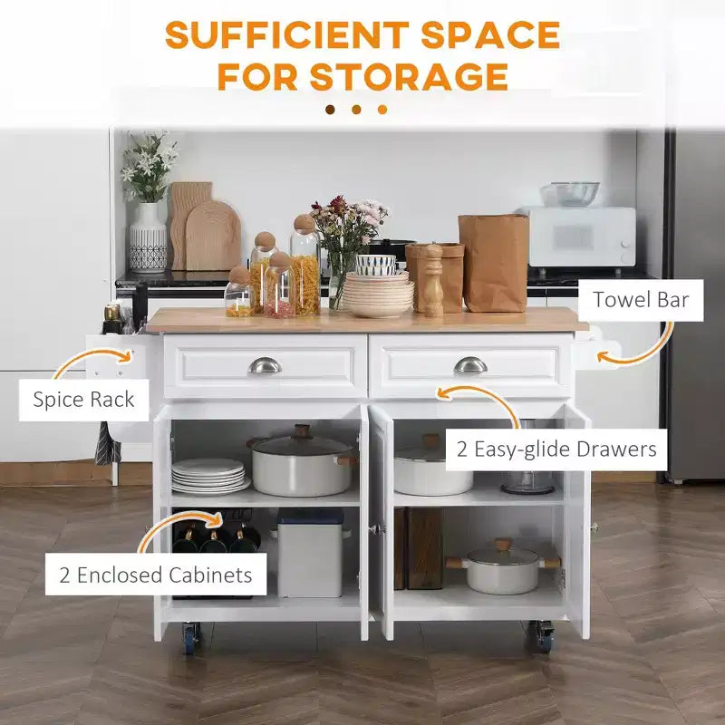 Îlot de cuisine sur roulettes Okak avec plateau en bois d'hévéa, chariot de cuisine avec abattant et tiroirs de rangement, îlot de cuisine pour salle à manger, blanc