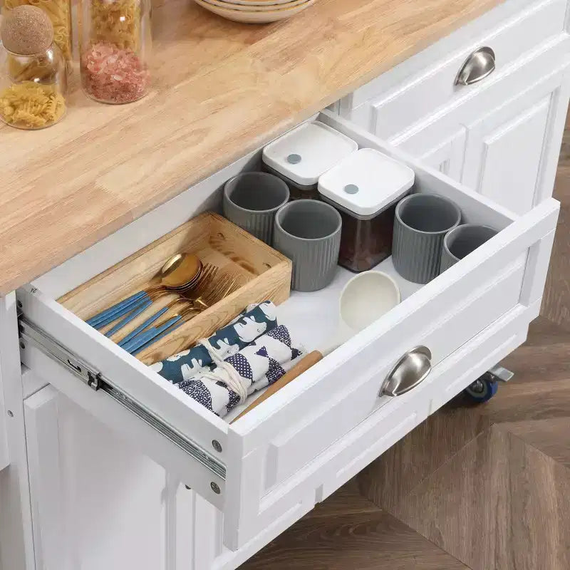 Îlot de cuisine sur roulettes Okak avec plateau en bois d'hévéa, chariot de cuisine avec abattant et tiroirs de rangement, îlot de cuisine pour salle à manger, blanc