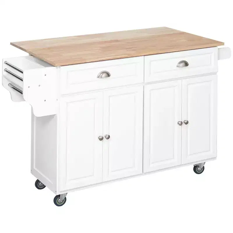 Îlot de cuisine sur roulettes Okak avec plateau en bois d'hévéa, chariot de cuisine avec abattant et tiroirs de rangement, îlot de cuisine pour salle à manger, blanc