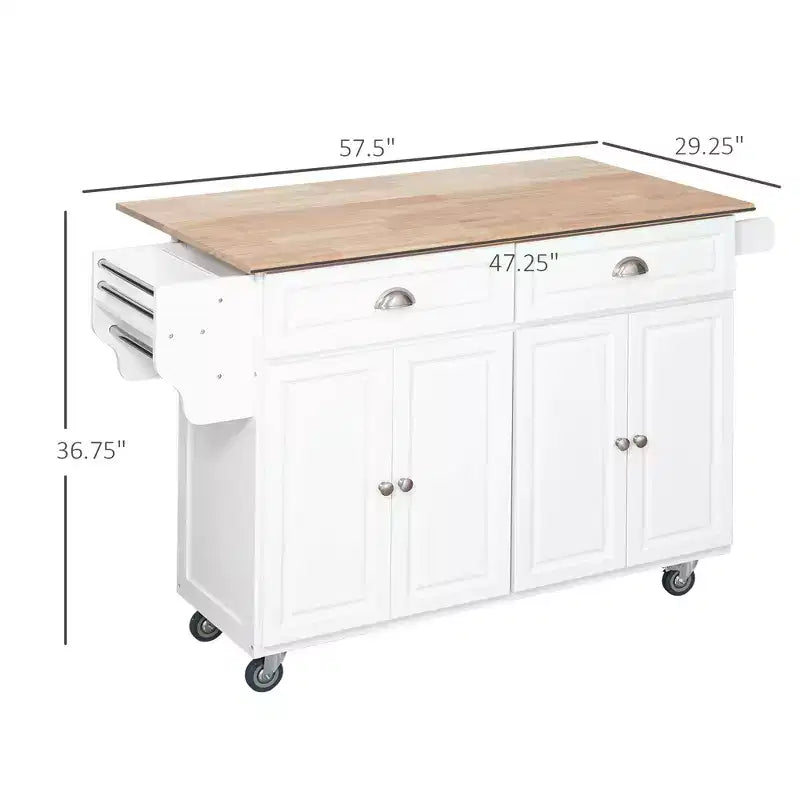 Îlot de cuisine sur roulettes Okak avec plateau en bois d'hévéa, chariot de cuisine avec abattant et tiroirs de rangement, îlot de cuisine pour salle à manger, blanc