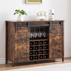 Meuble de Bar à Vin en Bois de 47" avec Porte Coulissante, Meuble Moderne pour Alcool, Whisky, Café avec Casier à Vin et Porte-Verres