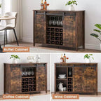 Meuble de Bar à Vin en Bois de 47" avec Porte Coulissante, Meuble Moderne pour Alcool, Whisky, Café avec Casier à Vin et Porte-Verres