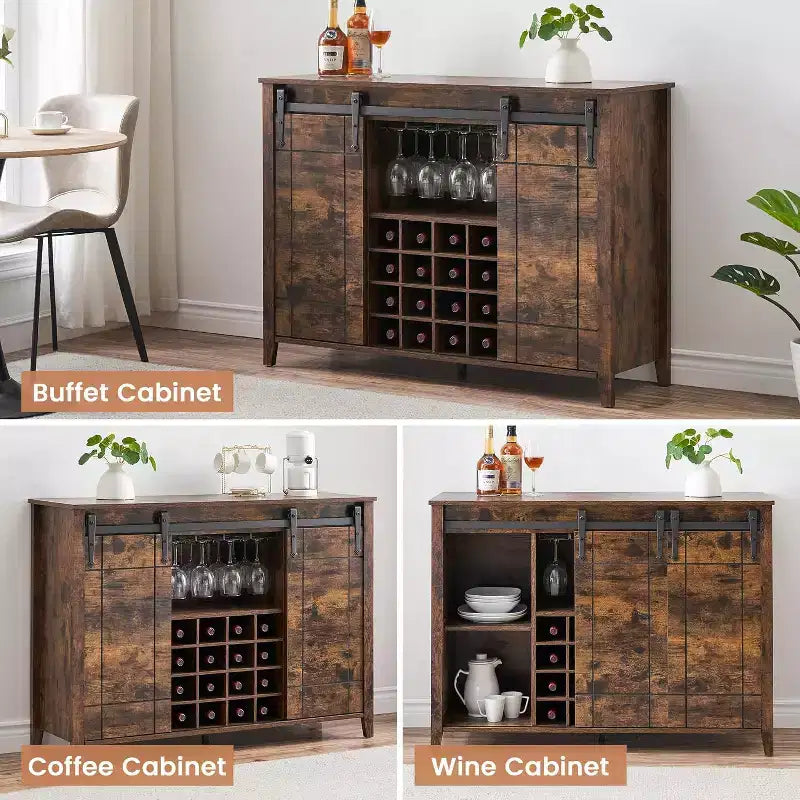Meuble de Bar à Vin en Bois de 47" avec Porte Coulissante, Meuble Moderne pour Alcool, Whisky, Café avec Casier à Vin et Porte-Verres