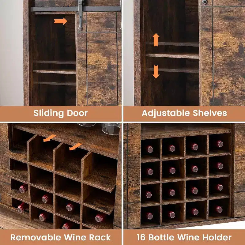 Meuble de Bar à Vin en Bois de 47" avec Porte Coulissante, Meuble Moderne pour Alcool, Whisky, Café avec Casier à Vin et Porte-Verres