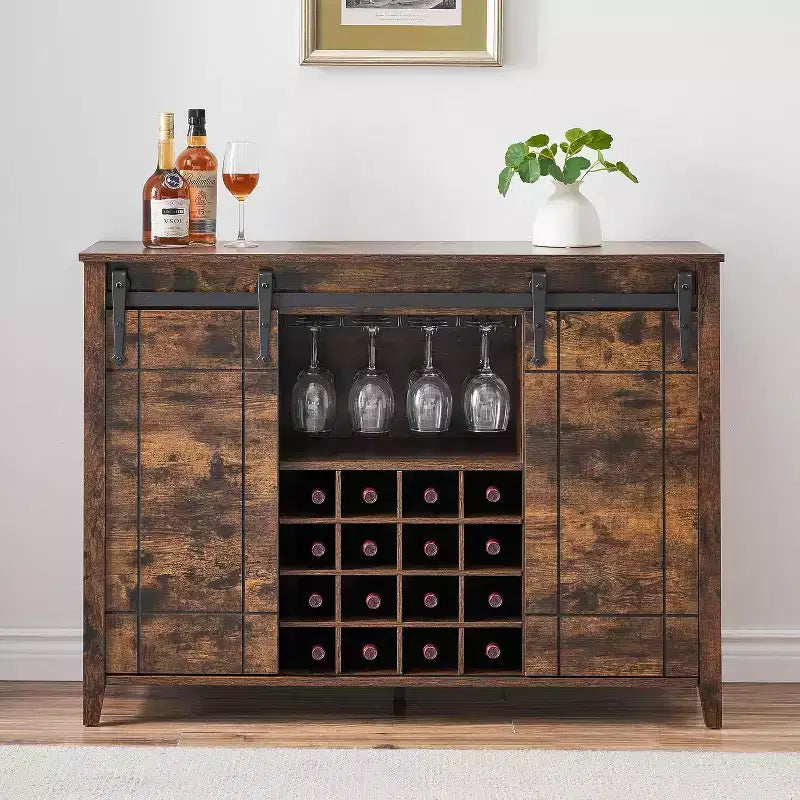 Meuble de Bar à Vin en Bois de 47" avec Porte Coulissante, Meuble Moderne pour Alcool, Whisky, Café avec Casier à Vin et Porte-Verres