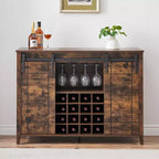 Meuble de Bar à Vin en Bois de 47" avec Porte Coulissante, Meuble Moderne pour Alcool, Whisky, Café avec Casier à Vin et Porte-Verres