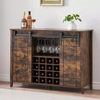 Meuble de Bar à Vin en Bois de 47" avec Porte Coulissante, Meuble Moderne pour Alcool, Whisky, Café avec Casier à Vin et Porte-Verres
