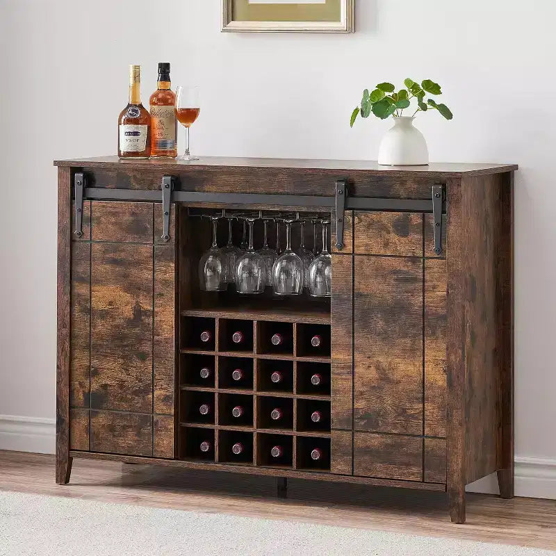 Meuble de Bar à Vin en Bois de 47" avec Porte Coulissante, Meuble Moderne pour Alcool, Whisky, Café avec Casier à Vin et Porte-Verres