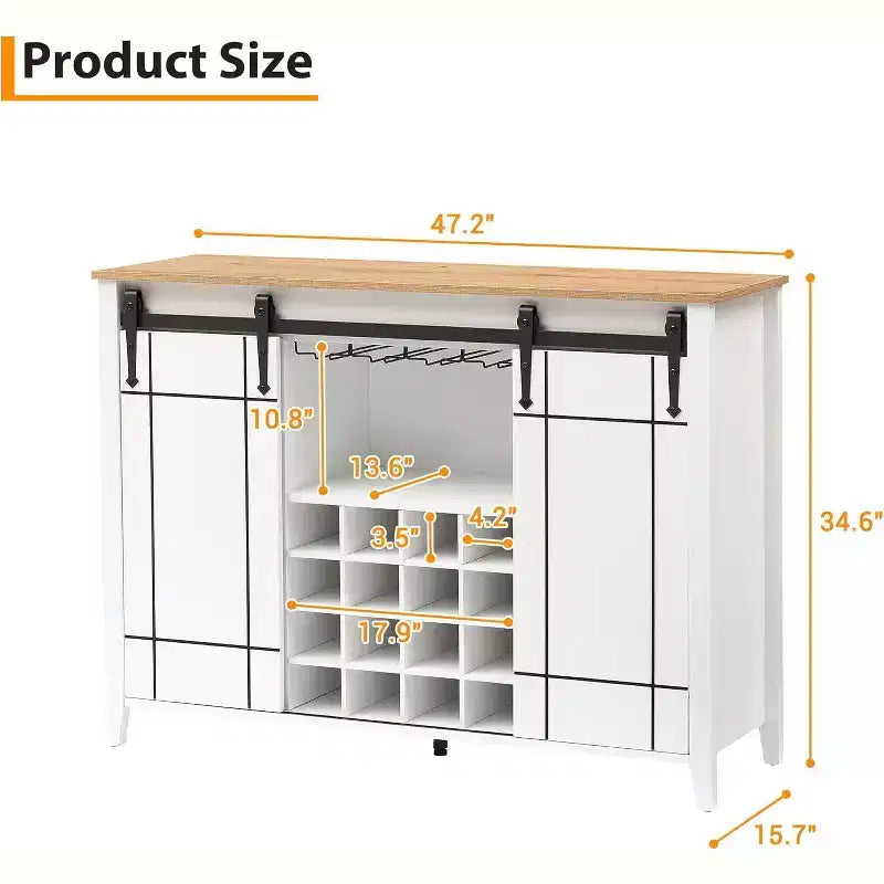 Meuble de Bar à Vin en Bois de 47" avec Porte Coulissante, Meuble Moderne pour Alcool, Whisky, Café avec Casier à Vin et Porte-Verres