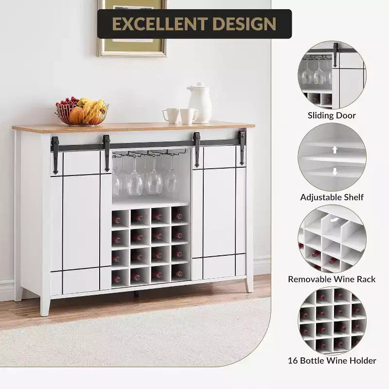 Meuble de Bar à Vin en Bois de 47" avec Porte Coulissante, Meuble Moderne pour Alcool, Whisky, Café avec Casier à Vin et Porte-Verres